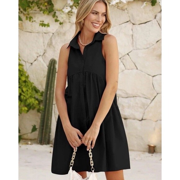 NWT Collared Shirt Dress Sz S Casual Loose Button Down Mini V Neck Tunic Pockets - Picture 9 of 16